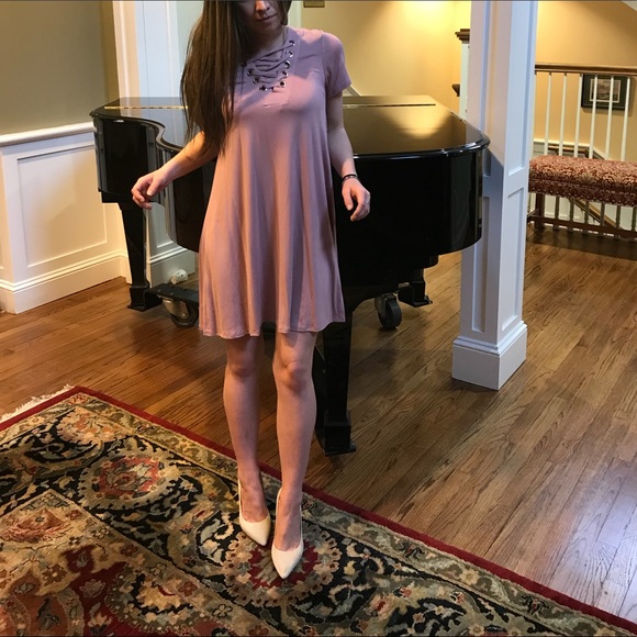 1 left - Pink Short Sleeve Lace Up Dress - Picture 2 of 4